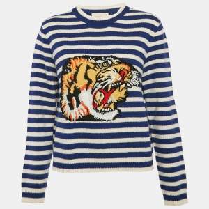 Gucci Blue/White Stripe Tiger Intarsia Wool Knit Jumper M