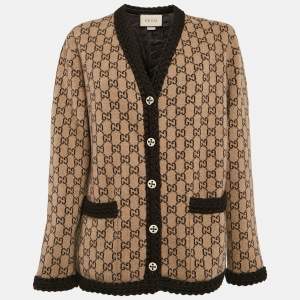 Pre Owned Gucci Brown GG Supreme Wool Knit Cardigan XS