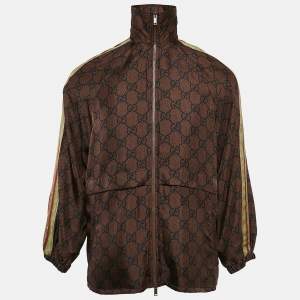 Pre Owned Gucci Brown GG Supreme Print Silk Zip-Up Jacket XS