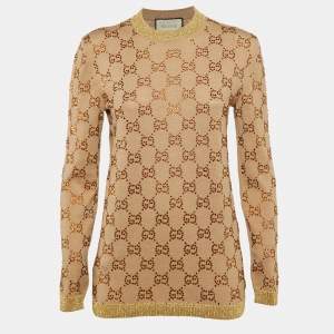 Pre Owned Gucci Beige GG Rhinestone Embellished Wool Knit Sweatshirt S