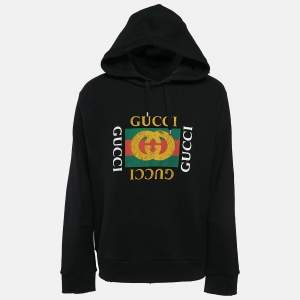 Gucci Black Vintage Print Cotton Knit Distressed Hoodie XXL