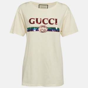 Gucci Cream Sequin Logo Cotton Crew Neck T-Shirt L
