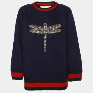 Gucci Navy Blue Knit Crystal Embroidered Dragonfly Patch Sweater M