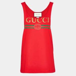 Gucci Red Logo Print Cotton Jersey Distressed Tank Top XXS