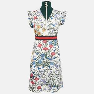 Gucci Floral Knit Print Zip Detail Ruffled Cap Sleeve Dress M