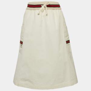 Gucci Cream Web Stripe Trim Cotton  Knee Length Skirt M