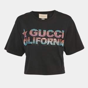 Gucci Black Sequin Embroidered Cotton Crop T-Shirt M
