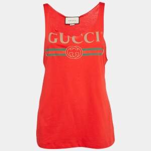 Gucci Red Vintage Logo Print Jersey Distressed Tank Top S