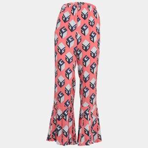 Gucci Pink Geometric Print Silk Pleated Flare Hem Trousers S