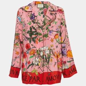 Gucci Pink Flora Snake Print Silk Tie-Up Detail Shirt L