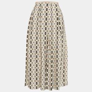 Gucci Beige Web Kisses & Logo Monogram Print Silk Pleated Midi Skirt S