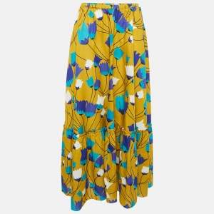Gucci Yellow/Blue Floral Print Cotton Tiered Maxi Skirt M