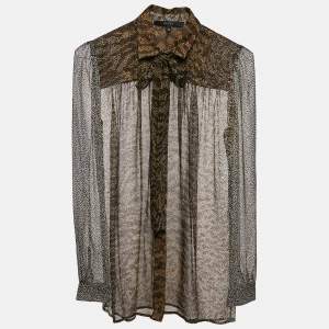 Gucci Brown Printed Chiffon Tie-Up Detail Sheer Shirt S