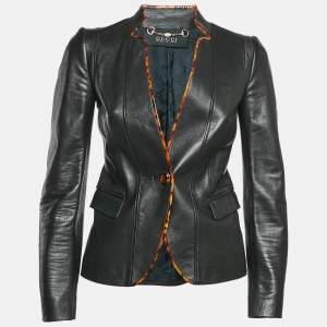 Gucci Black Contrast Trim Leather Button Front Jacket S