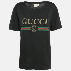 Gucci Black Vintage Logo Print Jersey Distressed T-Shirt XS