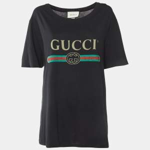 Gucci Black Vintage Logo Print Cotton Distressed T-Shirt M