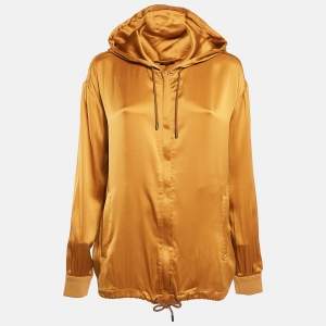 Pre Owned Gucci Mustard Yellow Satin Silk Zip-Up Hooded Jacket S