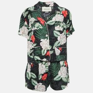 Gucci Black/Multicolor Floral Print Silk Shirt and Shorts Set M