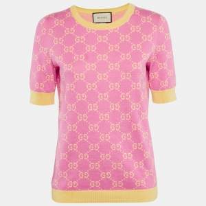 Gucci Pink/Yellow GG Supreme Jacquard Cotton Sweater Top L
