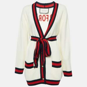 Pre Owned Gucci Cream 'Blind For Love' Cotton Belted Cardigan S