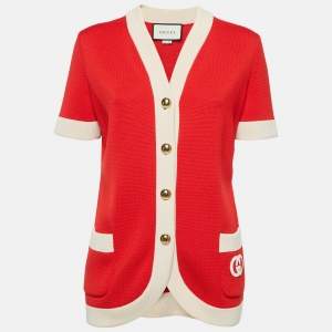 Pre Owned Gucci Red Interlocking G Wool Knit Button Front Cardigan M
