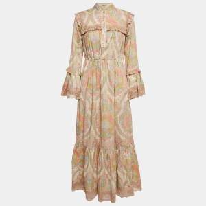 Gucci Pink Printed Silk Blend Ruffled Maxi Dress S