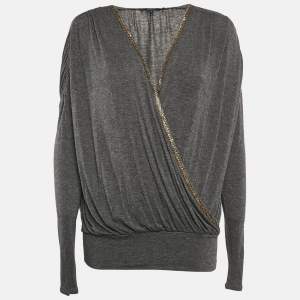 Gucci Dark Grey Jersey Sequin Detail Neck Full Sleeve Top L