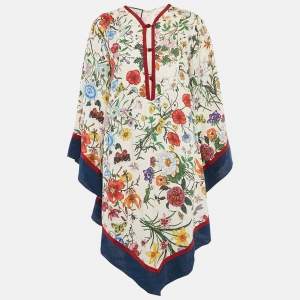 Gucci Cream/Multicolor Floral Print Linen Asymmetric Midi Dress M