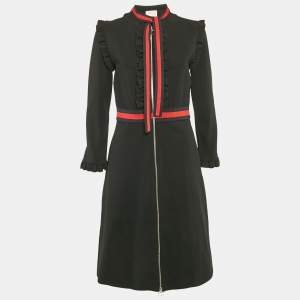 Gucci Black Jersey Web Stripe Detail Ruffled Short Dress XL