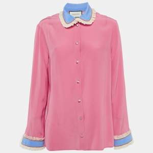 Gucci Pink Silk Contrast Trim Detail Ruffled Blouse L