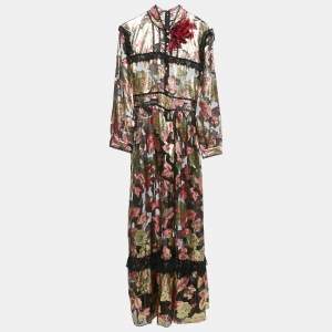 Gucci Black/Metallic Floral Brocade Sheer Ruffled Maxi Dress L