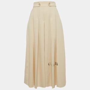 Gucci Cream Logo Print Gabardine Pleated Wool Culottes Trousers S