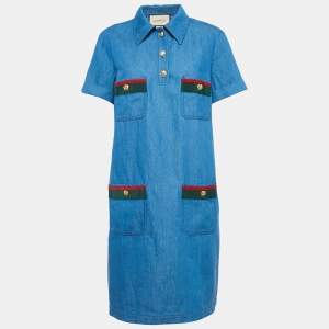 Gucci Blue Denim Web Contrast Trimmed Short Dress L