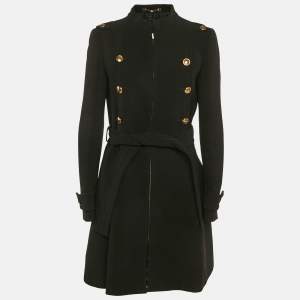 Gucci Black Crepe Zip-Up Button Detail Belted Mid-Length Coat M