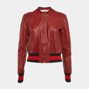 Gucci Burgundy Dragonfly Embellished Leather Zip-Up Bomber Jacket M