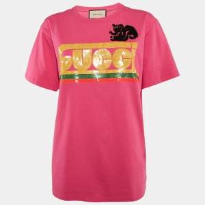 Gucci Pink Logo Sequin Jersey Crew Neck T-Shirt XXS