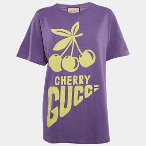 Pre Owned Gucci Purple Cherry Print Jersey Crew Neck T-Shirt XS