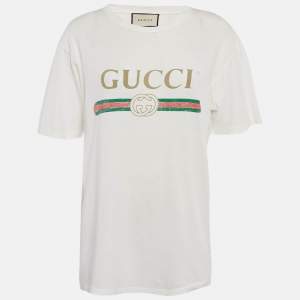 Gucci White Logo Print Cotton Floral Applique Detail Distressed T-Shirt S