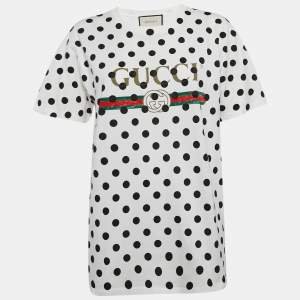 Gucci White Polka Dot Logo Print Cotton Crew Neck T-Shirt XS