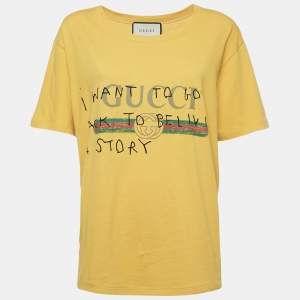 Gucci Yellow Vintage Logo Print Jersey Distressed T-Shirt M