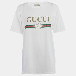 Gucci White Vintage Logo Print Cotton Distressed Oversize T-Shirt XS