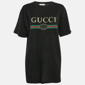 Gucci Black Vintage Logo Print Cotton Distressed Oversize T-Shirt L