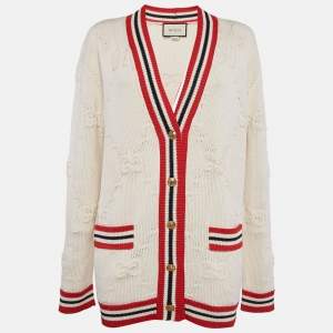 Pre Owned Gucci Cream Sylvie Web Knit Button Front Cardigan XS
