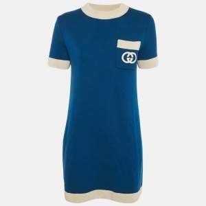 Gucci Blue Interlocking GG Pocket Detail Wool Mini Dress M