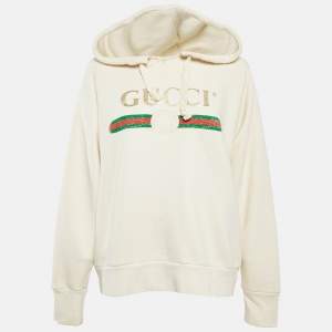 Gucci Cream Dog Embroidery Cotton Hooded Sweatshirt S