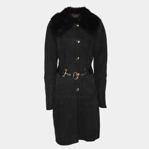 Gucci Black Suede and Fur Belted Mid-Length Coat M