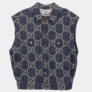 Gucci Blue Ivory Jumbo GG Jacquard Denim Vest Size 44 