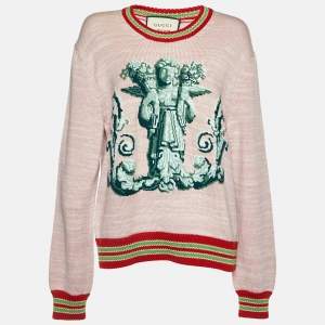 Gucci Pink Angel Embroidered Wool Knit Sweater XL