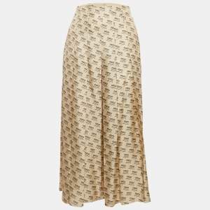 Pre Owned Gucci Beige Invite Stamp Print Silk Pleated Midi Skirt M