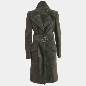 Gucci Charcoal Black Suede Button Front Trench Coat M